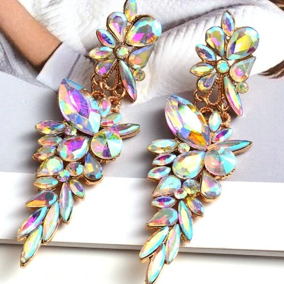 Huge Dramatic AB Crystal Earrings Festive Holiday Gift NWT Club Party Christmas - Picture 1 of 1